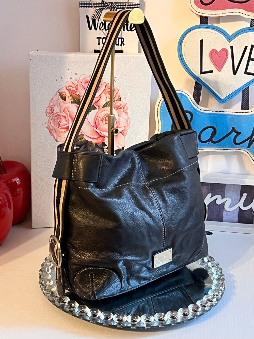 Michael Kors Black pebble Leather Shoulder Bag with Striped Strap - Picture 4 of 12